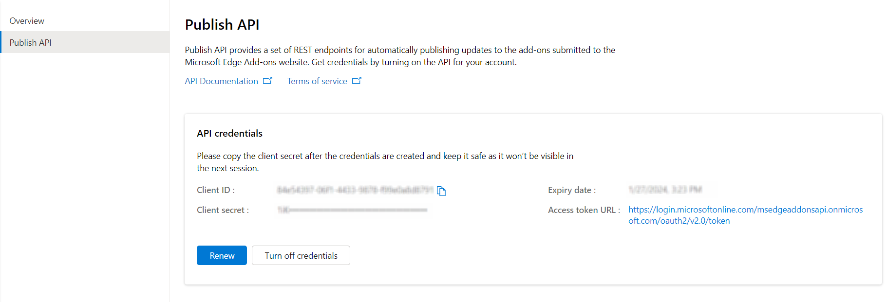 Microsoft Edge Partner Center publishing API credentials interface