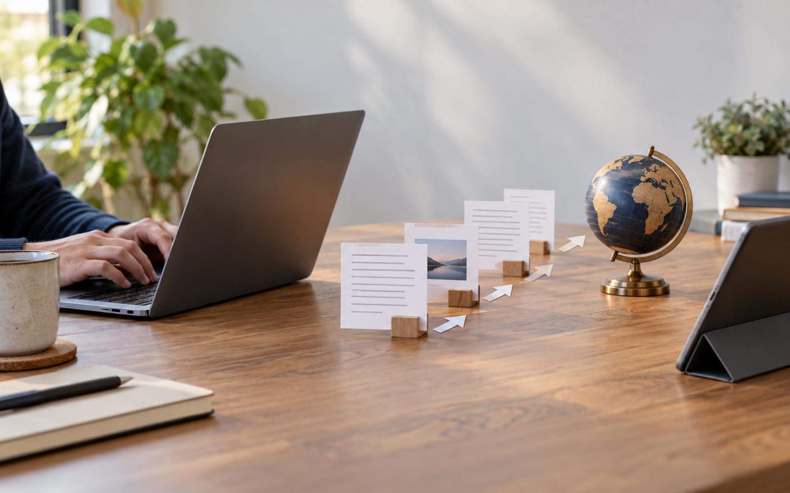 A laptop and paper publishing workflow moving toward a globe and a second device.
