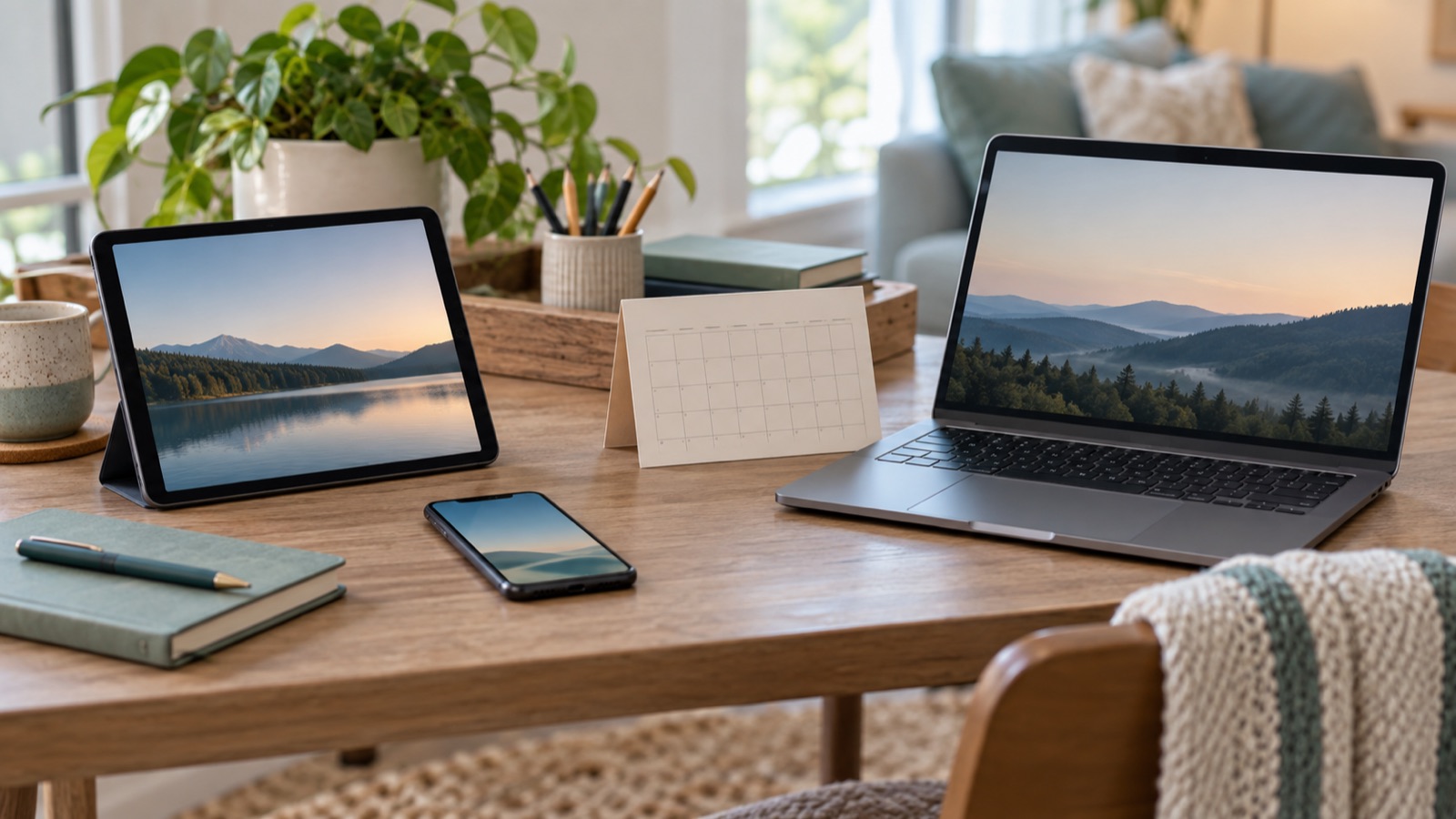 A family tablet and laptop arranged for a calm screen-time planning conversation.