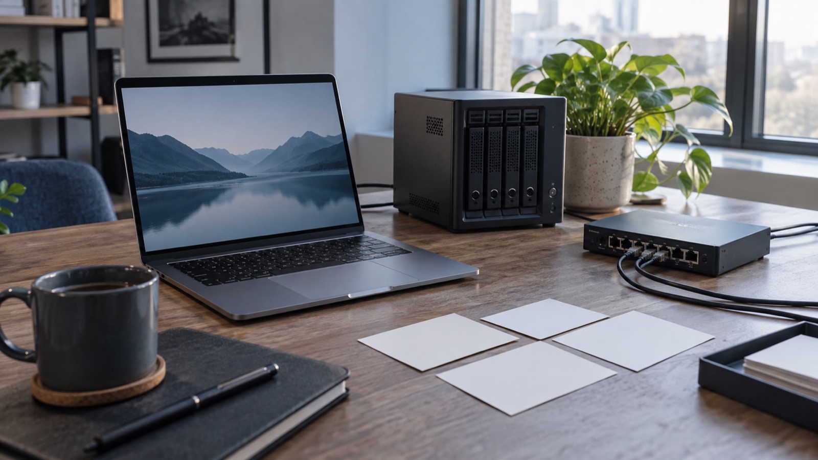 A laptop, small prototype board, and cloud workspace arranged for an AI project.