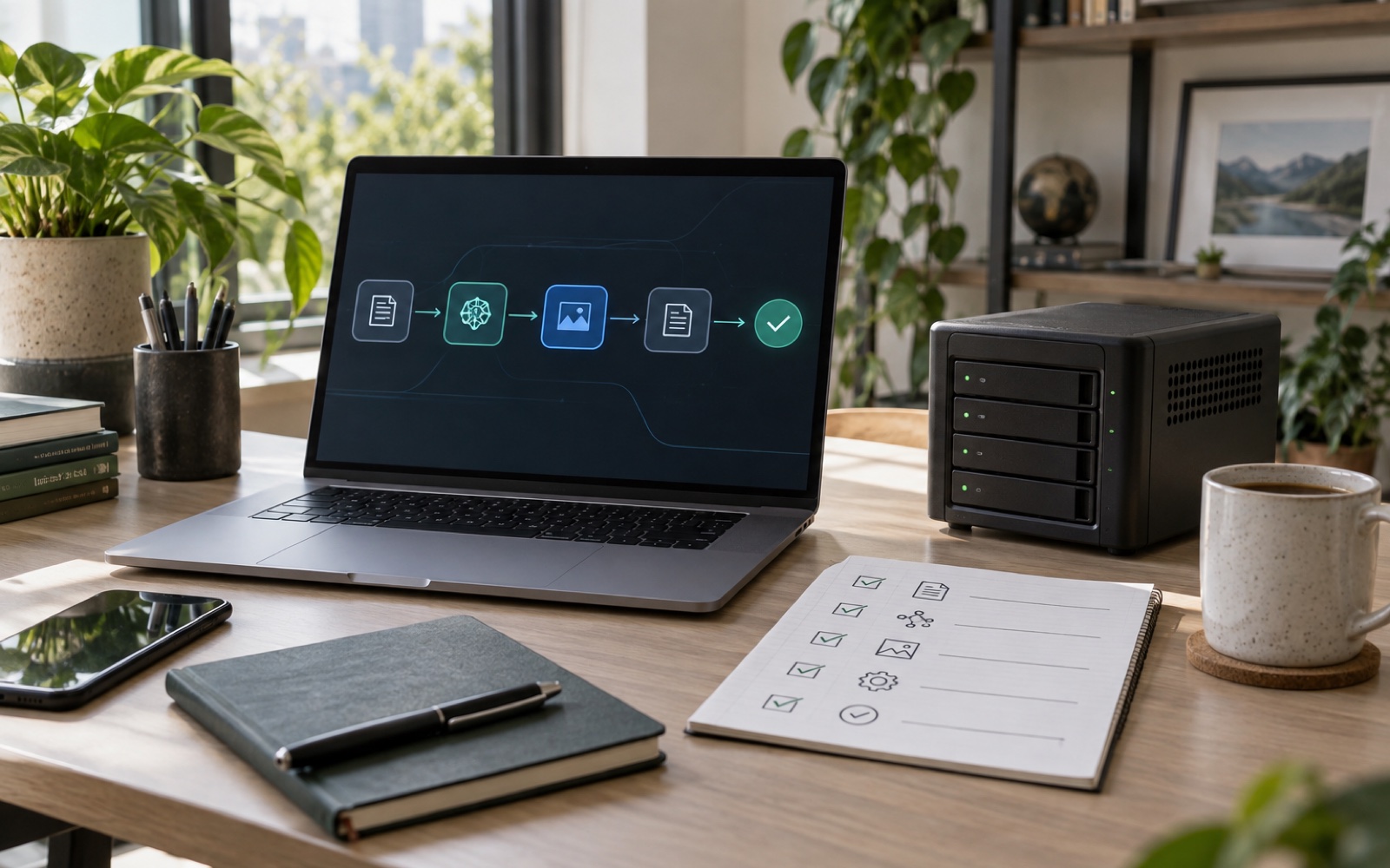 A laptop, compact server, and checklist arranged for a reliable serverless AI publishing workflow.