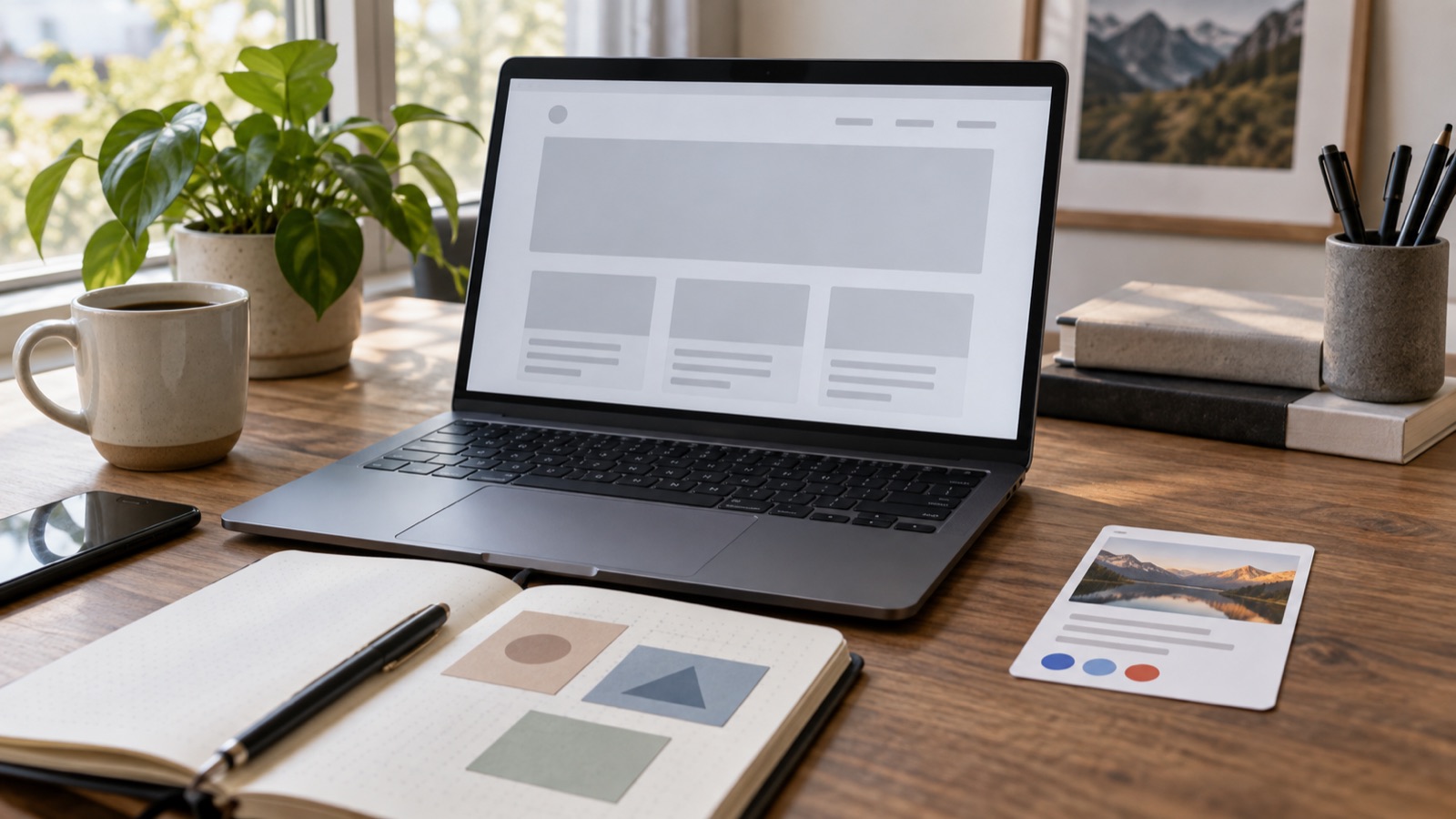 A laptop and structured cards arranged for a technical metadata audit.