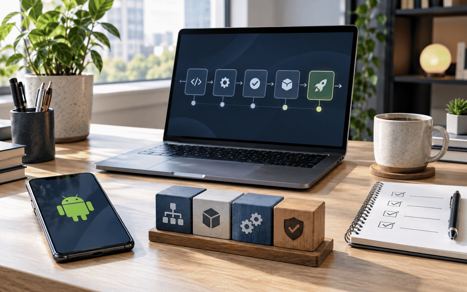 A phone, laptop, and build blocks arranged for choosing and releasing an Android stack.