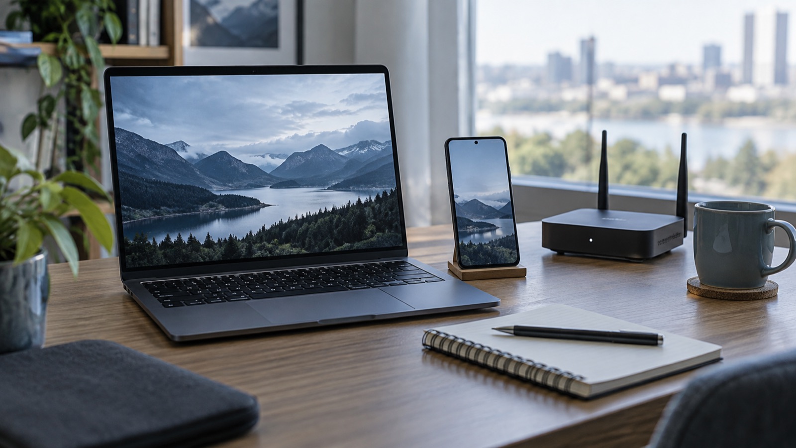 A phone and laptop connected to a simple remote data workspace.