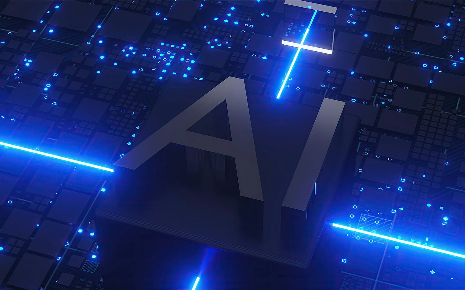 Ai text with glowing blue circuits and lights