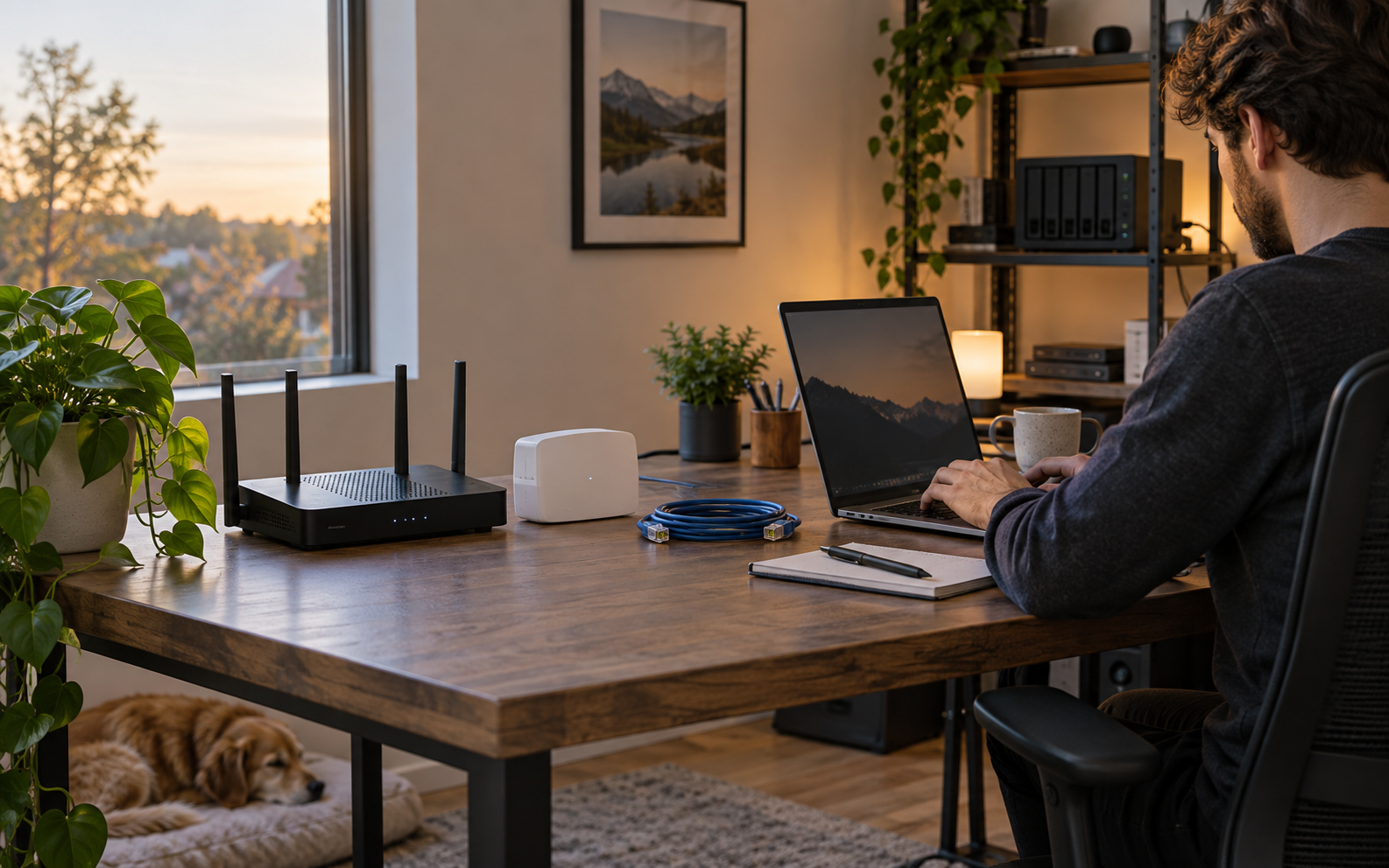 A router, access point, Ethernet cable, and laptop arranged in a home office.