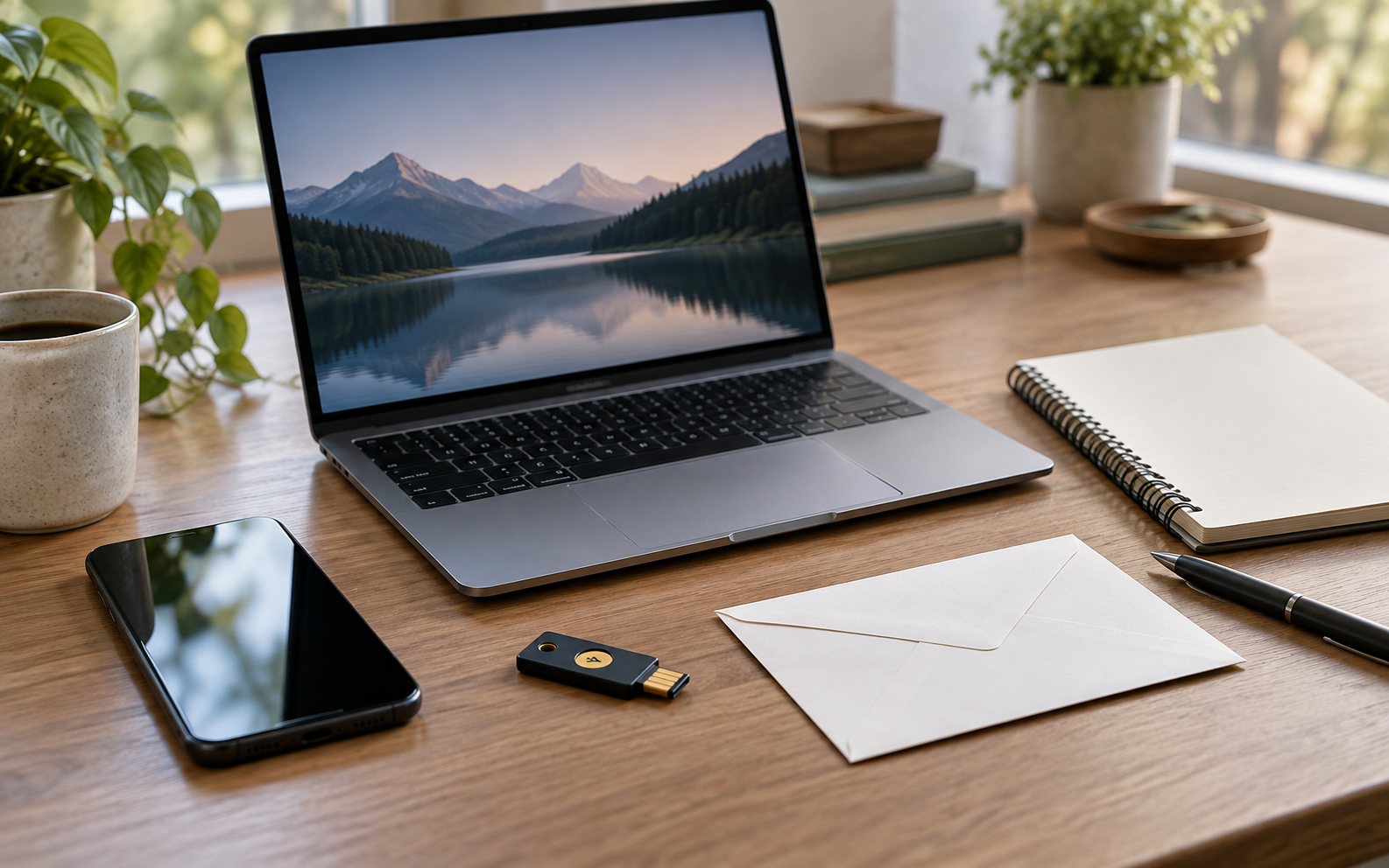 A laptop, phone, hardware security key, and envelope arranged on a tidy desk.