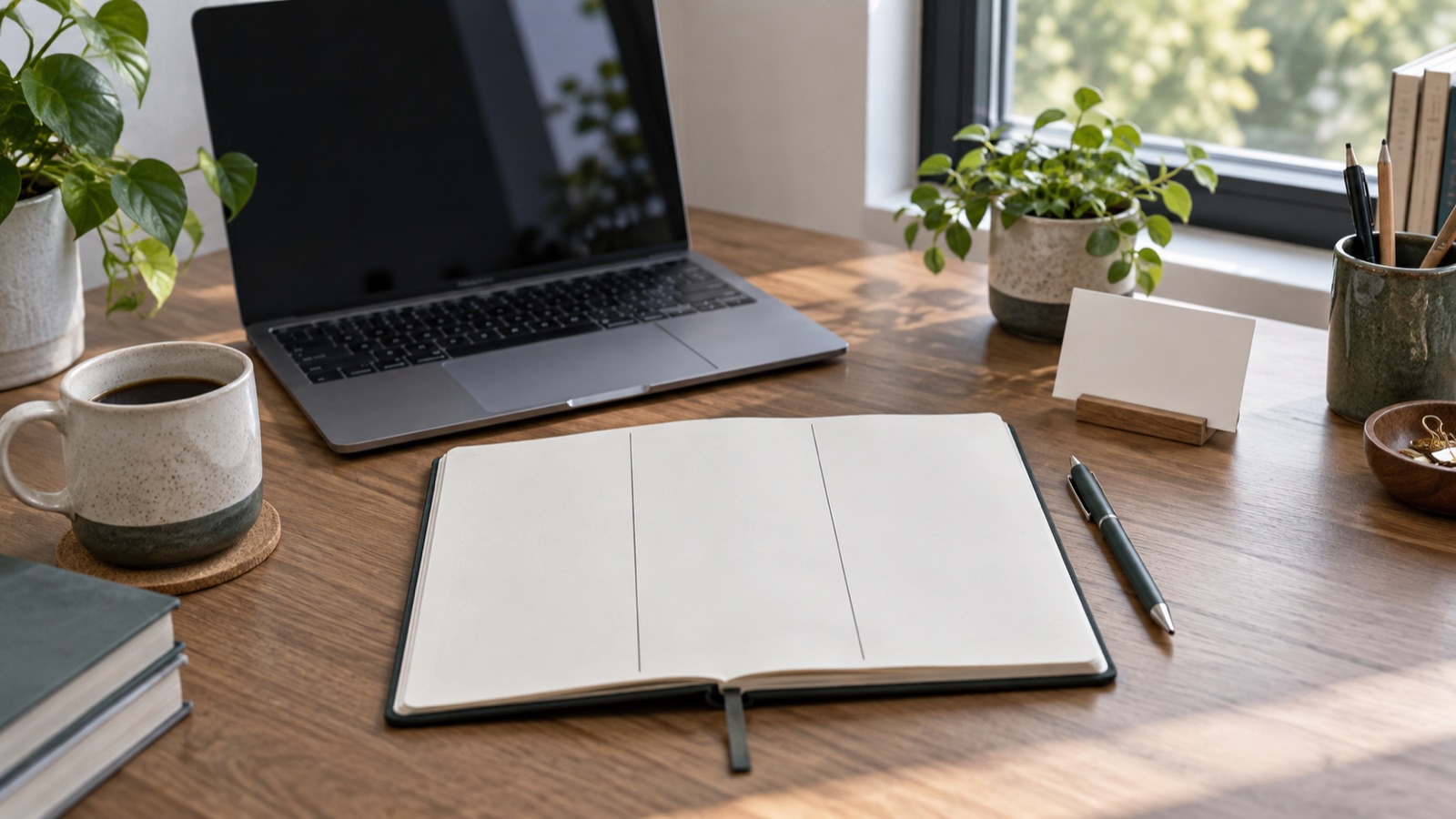 A laptop and blank notebook arranged for comparing technical publishing options.