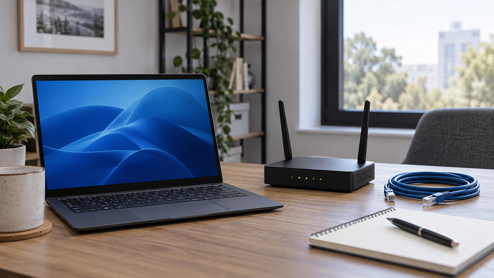 A Windows laptop and network adapter arranged for measuring connection throughput.