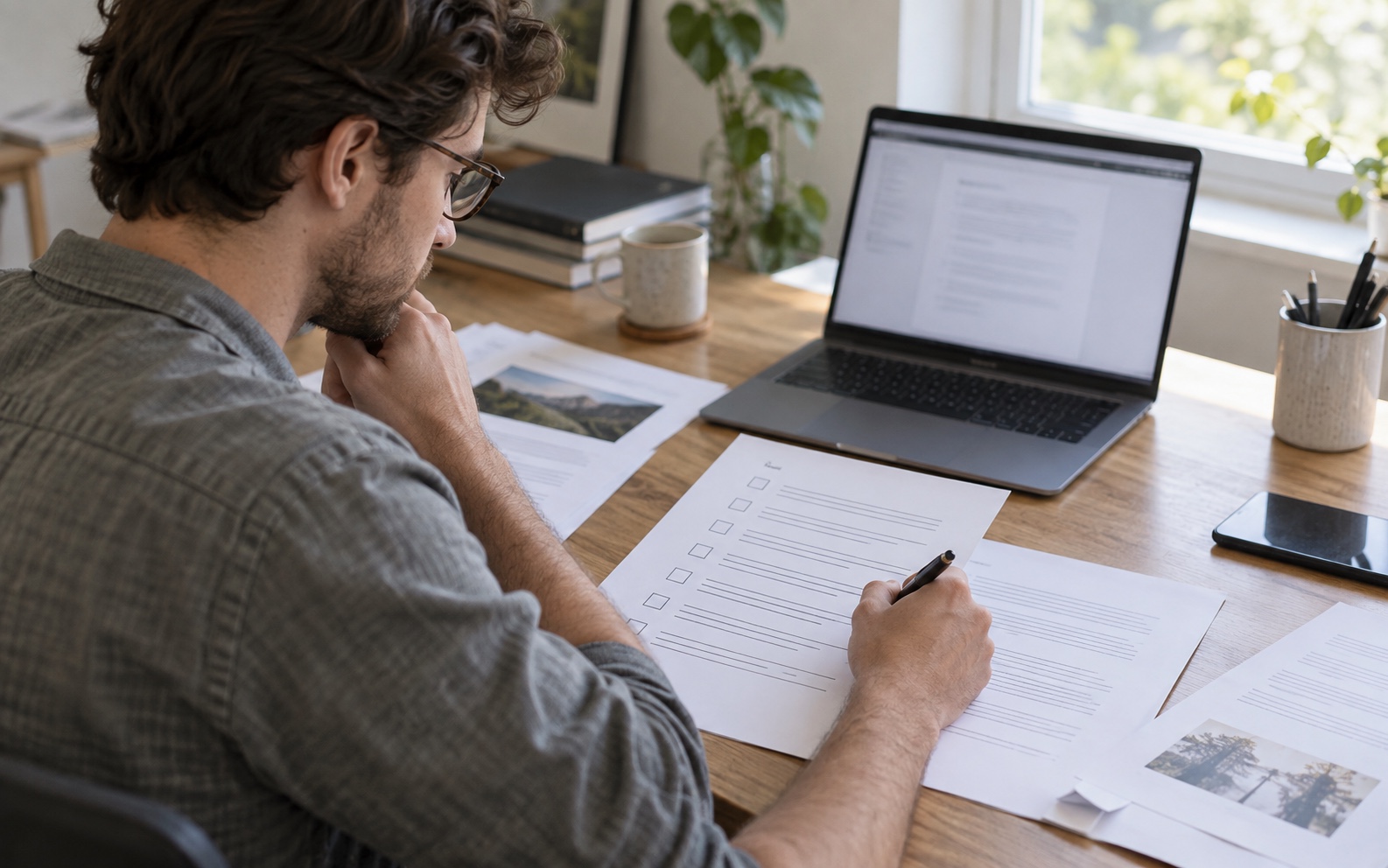 A developer reviews printed technical documentation beside a laptop before publication.