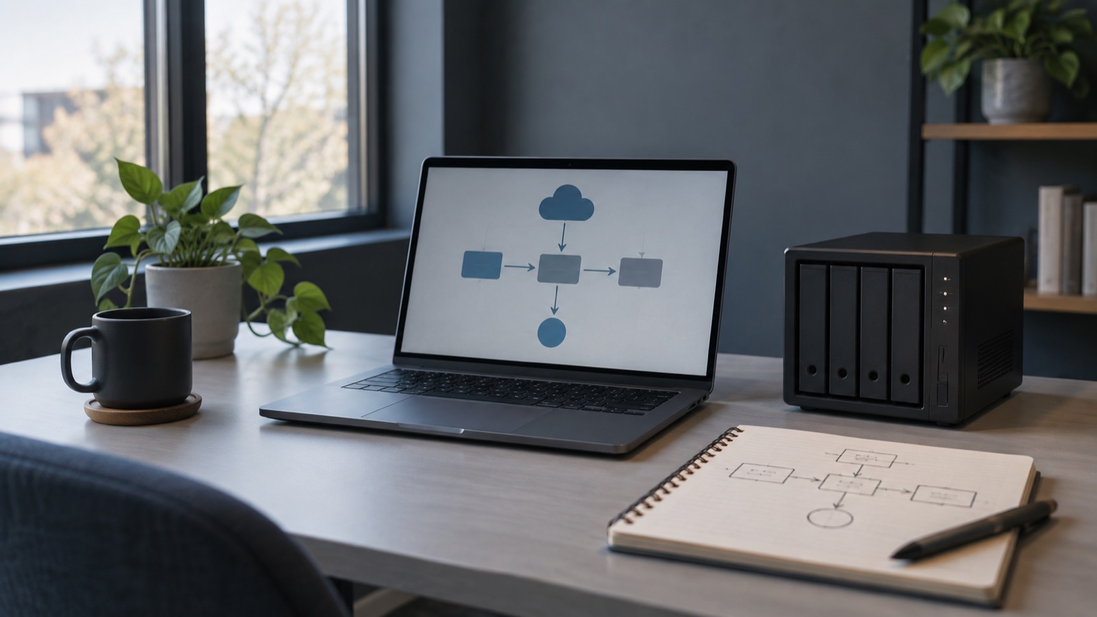 A laptop, small server, and notebook showing a calm content publishing workflow.