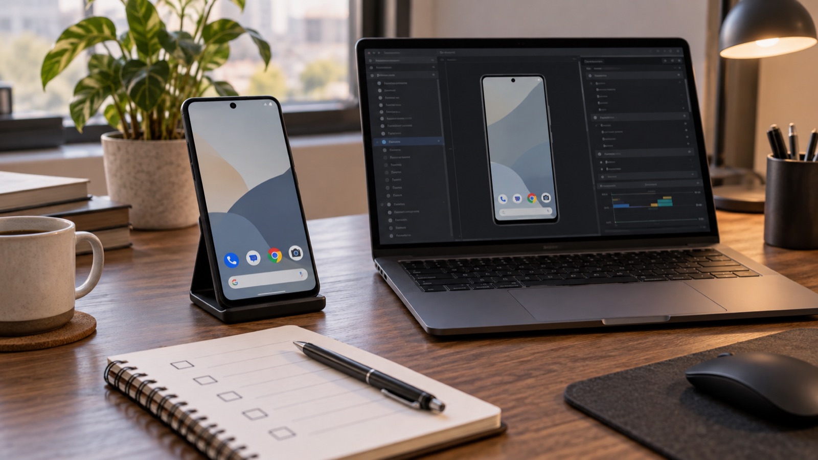 An Android phone and laptop beside a tidy debugging workspace.