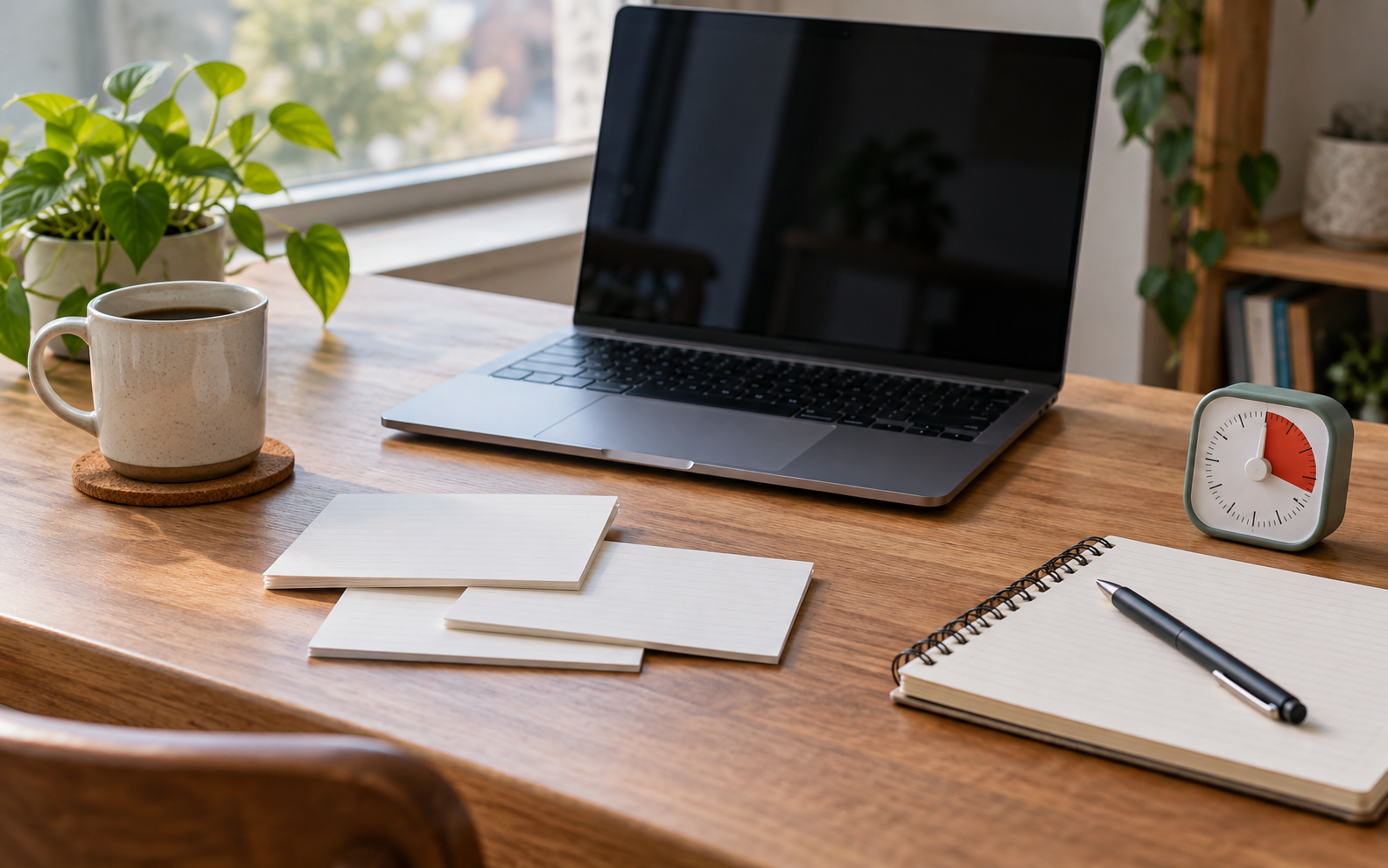 A laptop, blank index cards, and a timer arranged for context planning.