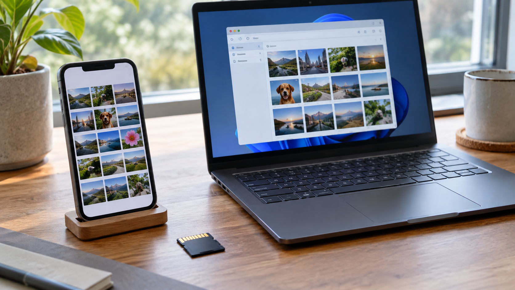 A phone, laptop, and photo files arranged for a careful HEIC conversion workflow.