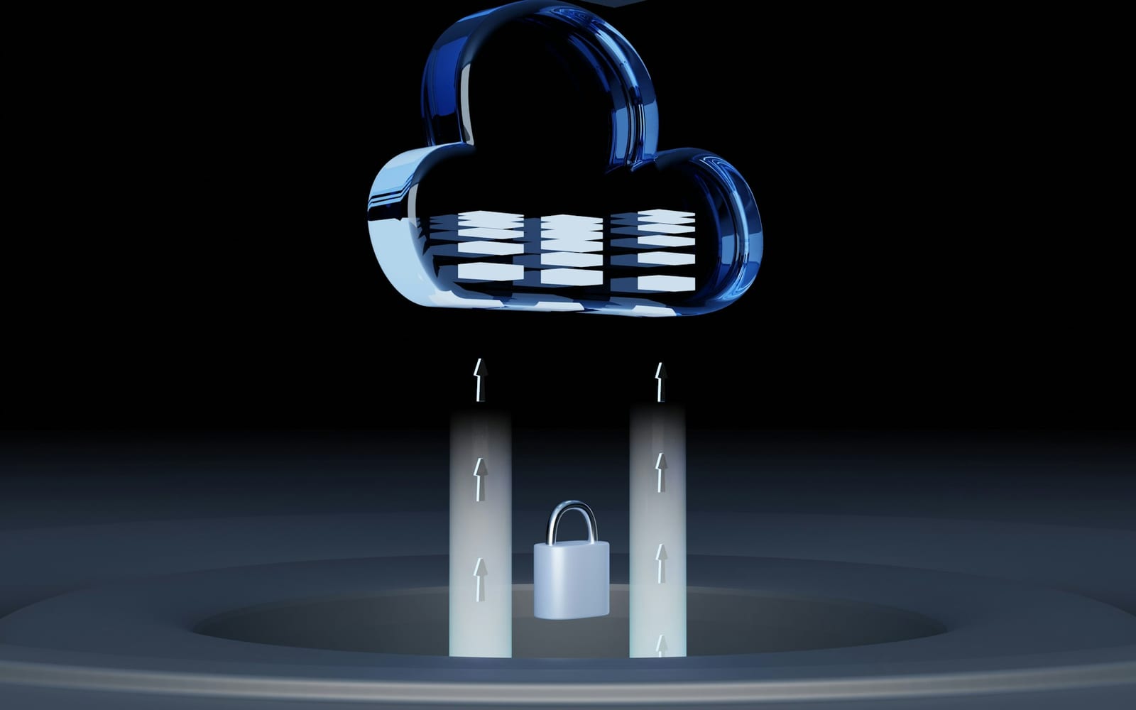 A blue glass cloud icon with data layers above a silver padlock