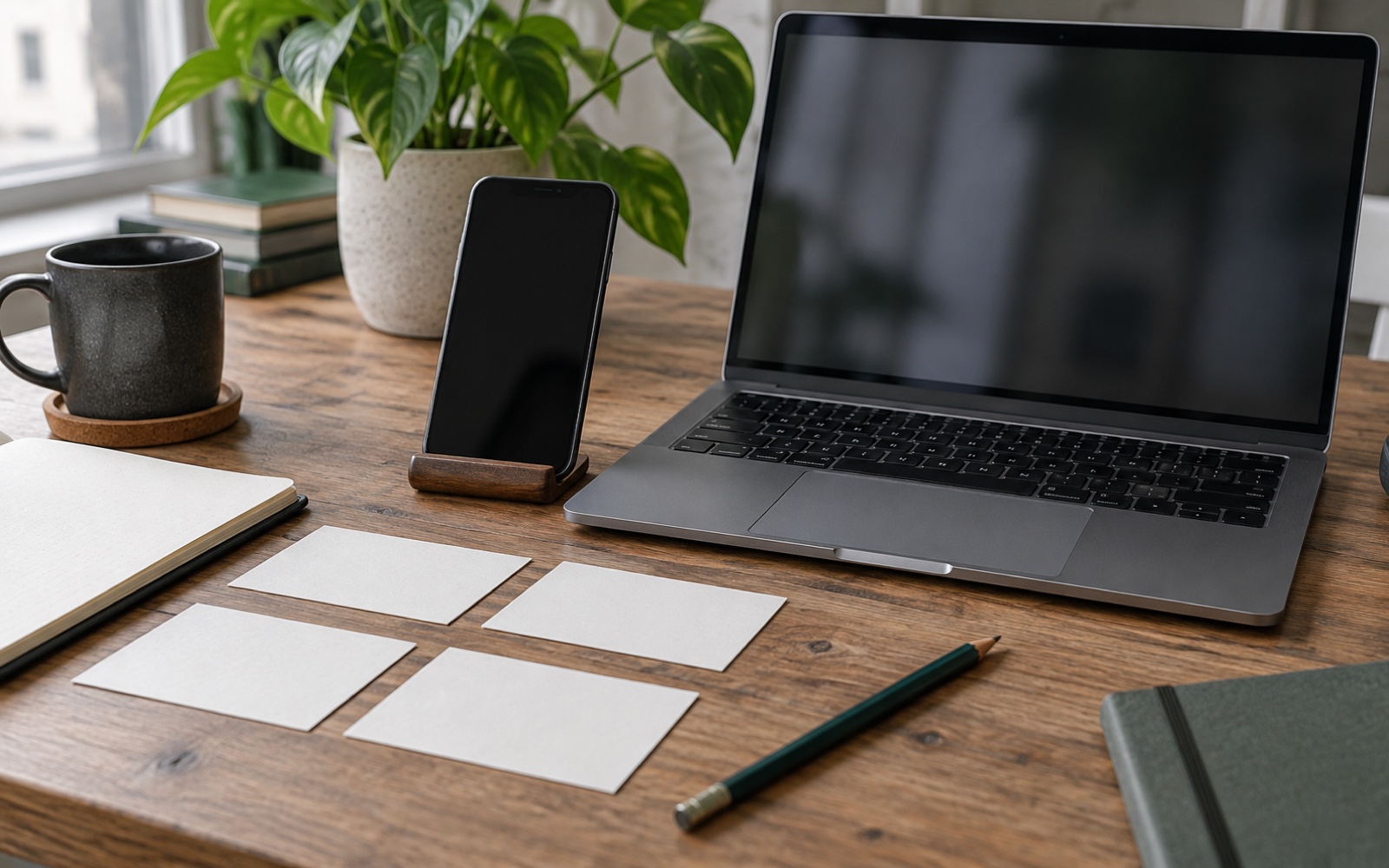 An Android phone, laptop, and blank planning cards on an engineering desk.
