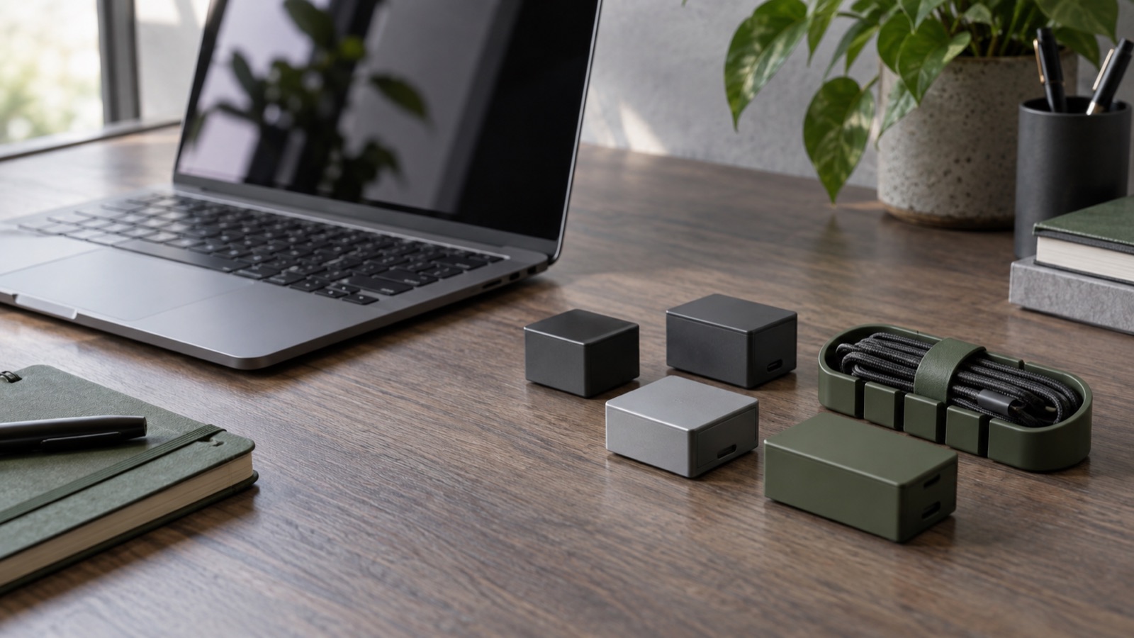 A laptop, modular blocks, and a deployment checklist arranged for a reliable publishing architecture.