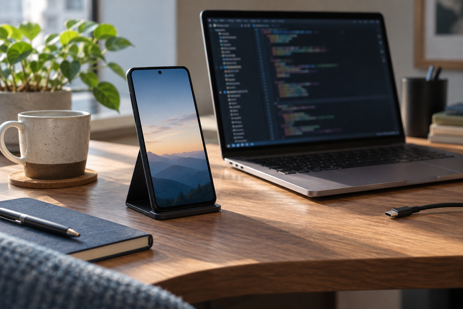 A smartphone on a stand beside a laptop in a tidy Android development workspace.