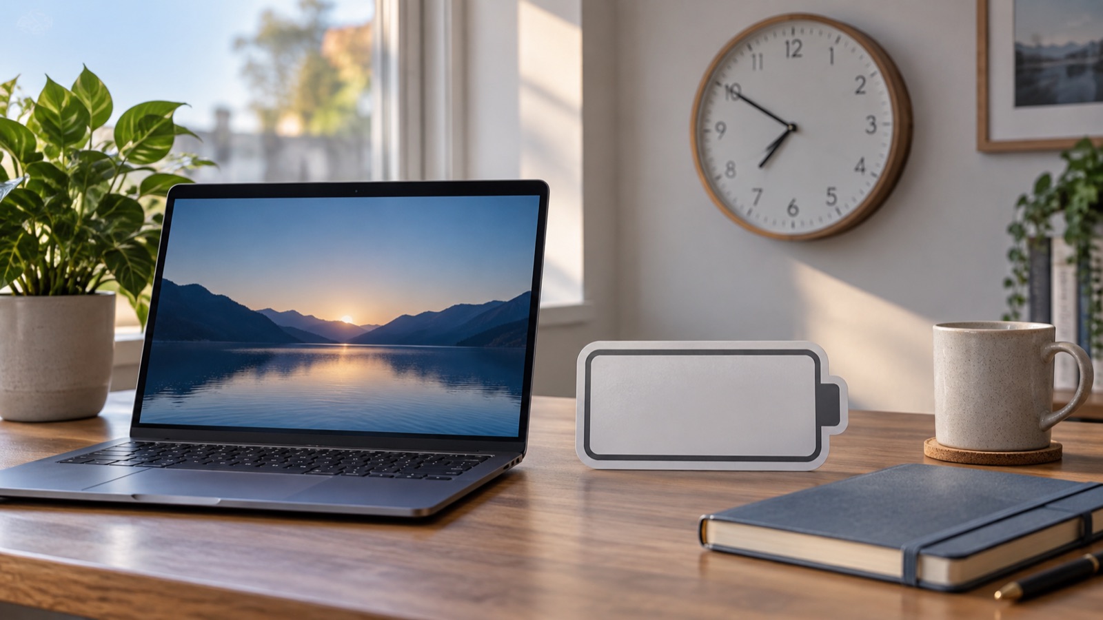 A Windows laptop and power cable arranged for a careful shutdown decision.