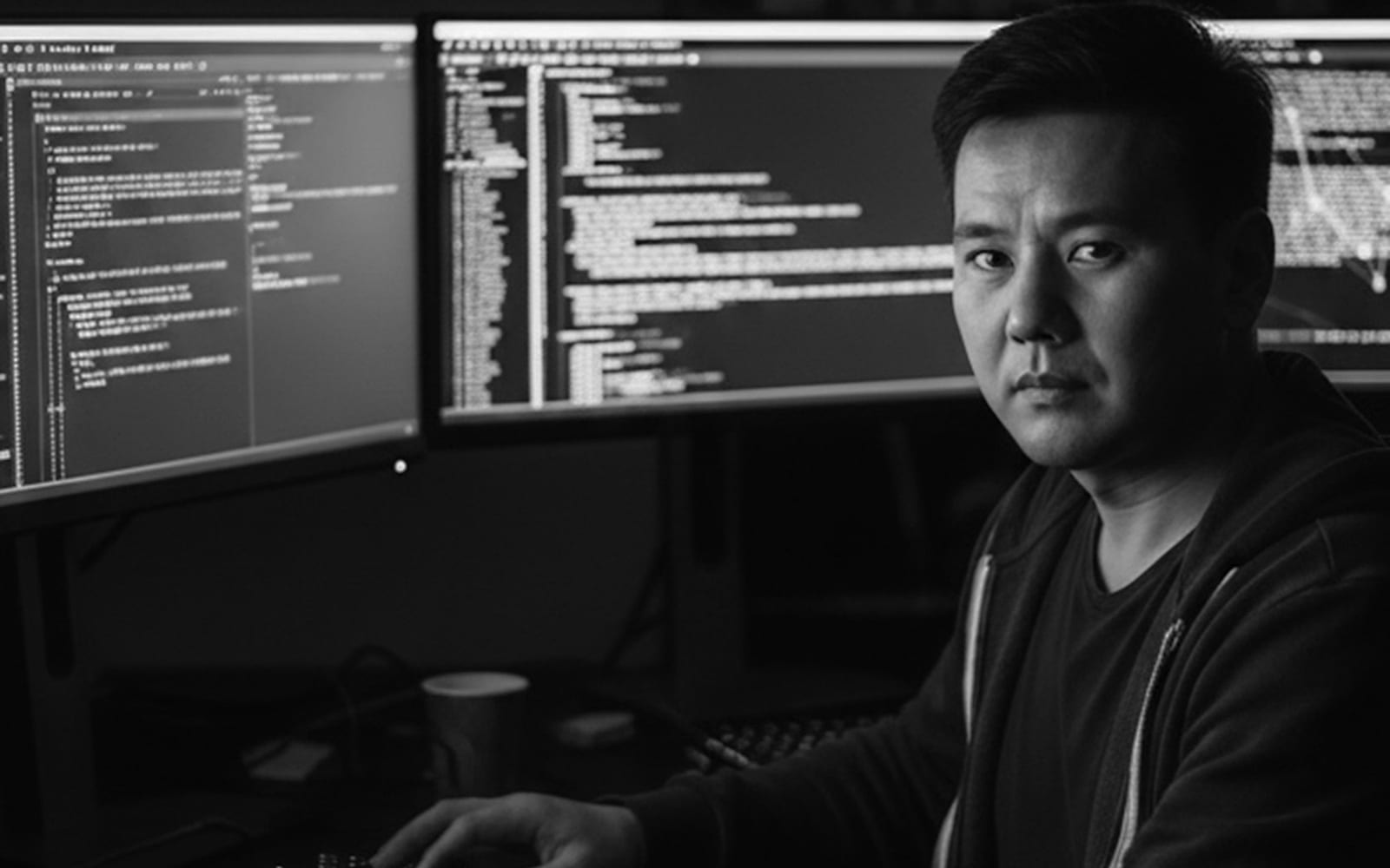 Man typing on keyboard in front of multiple computer monitors